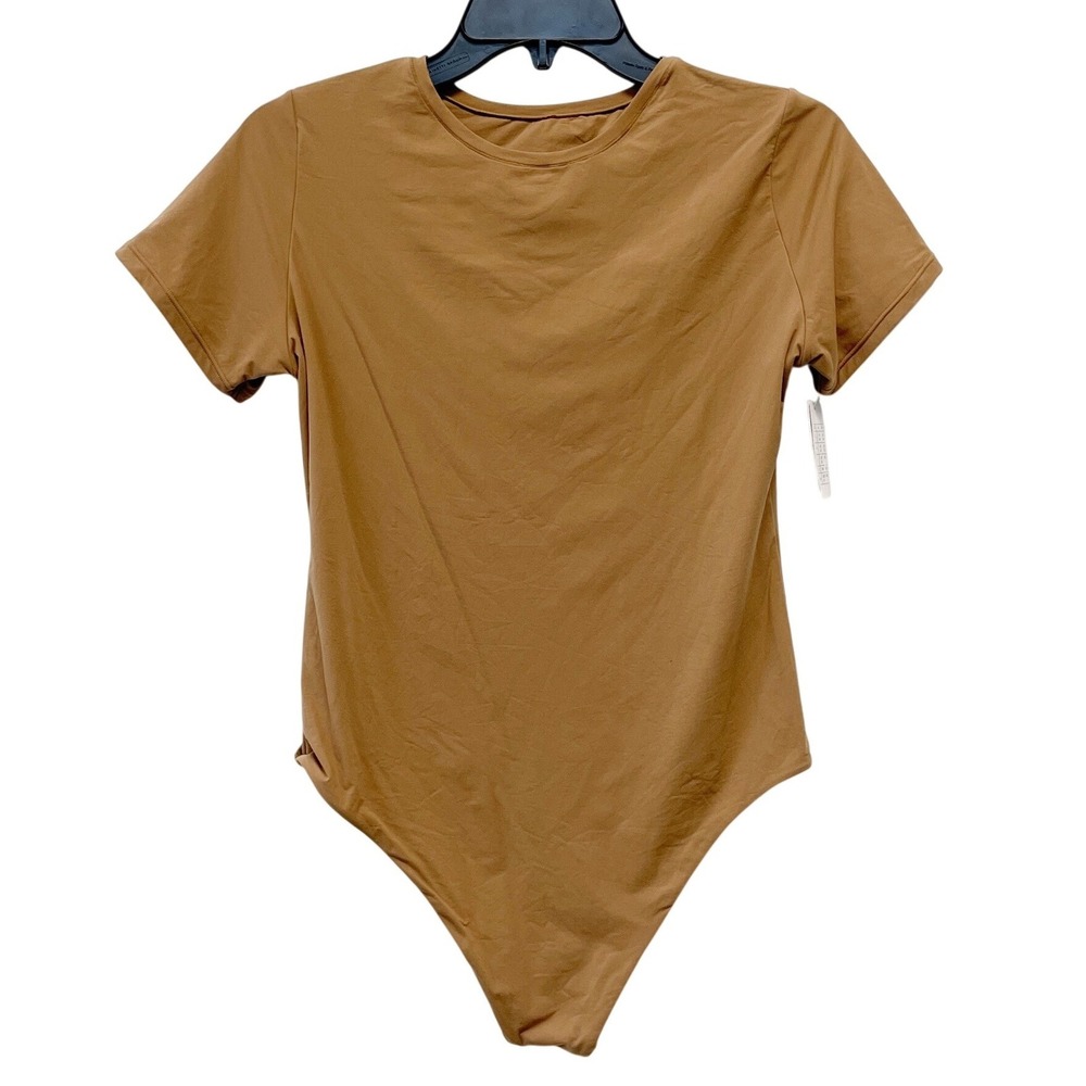 Auden Women's Brown Short Sleeve Crew Neck Stretch Thong Bodysuit Size XL - Picture 2 of 6